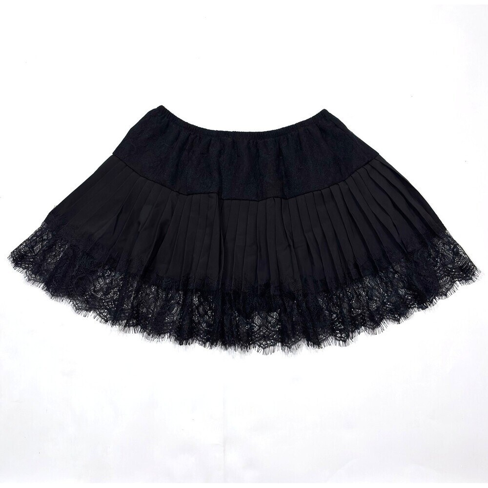 Black Lace Pleated Mini Skirt Elastic Waistband - Medium
